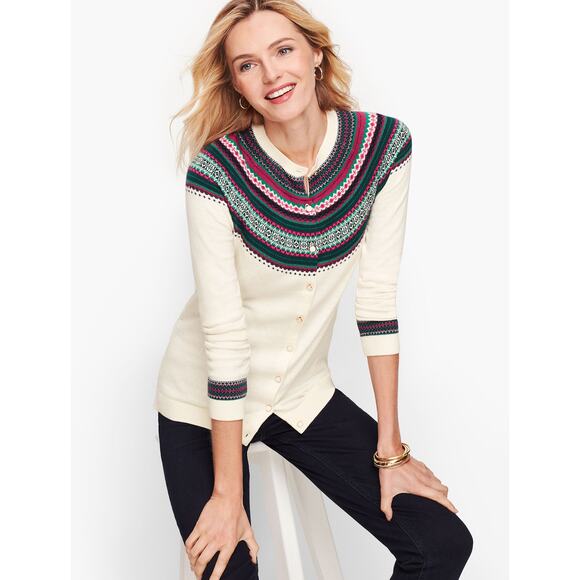 Talbots Cashmere Blend Fair Isle Trim Button Front Cardigan Size Large Petite - Picture 1 of 10